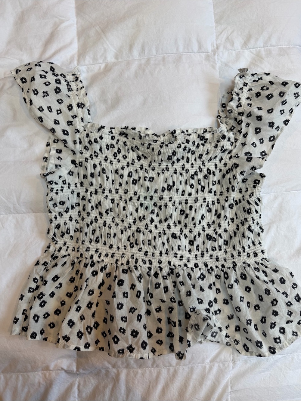 Smocked Square-Neck Crop Top in Cream with Black Print